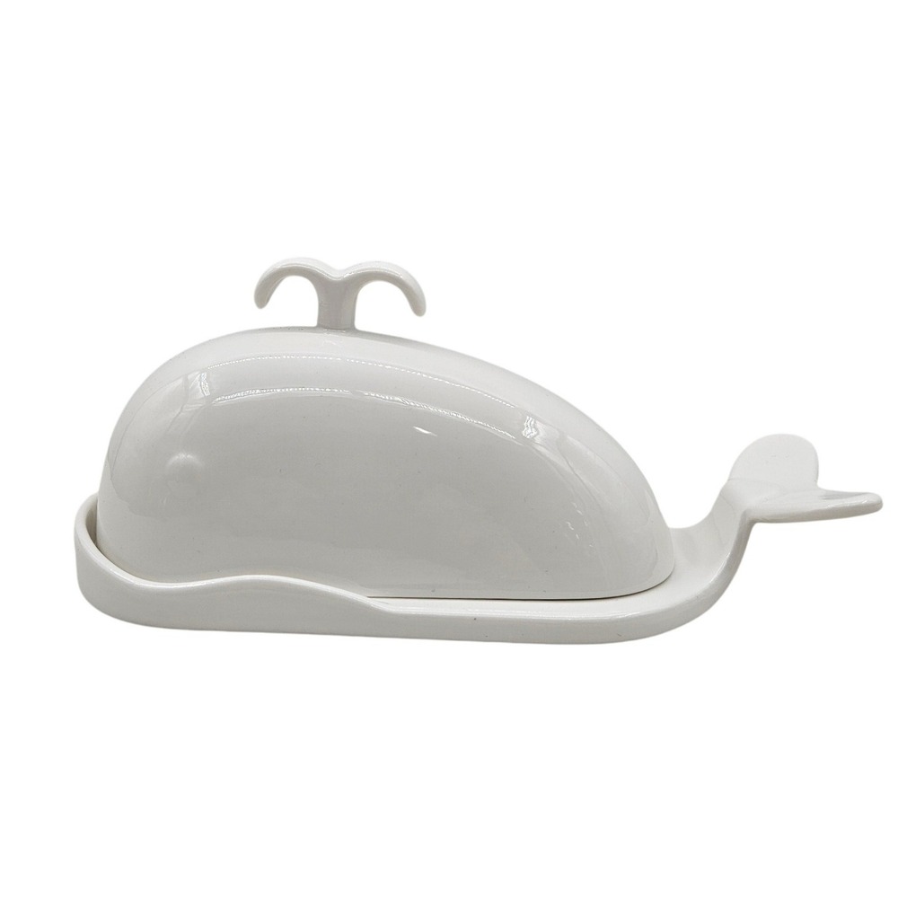 Dowan White Ceramic Whale Butter Dish with Lid and Fishbone Measurements
